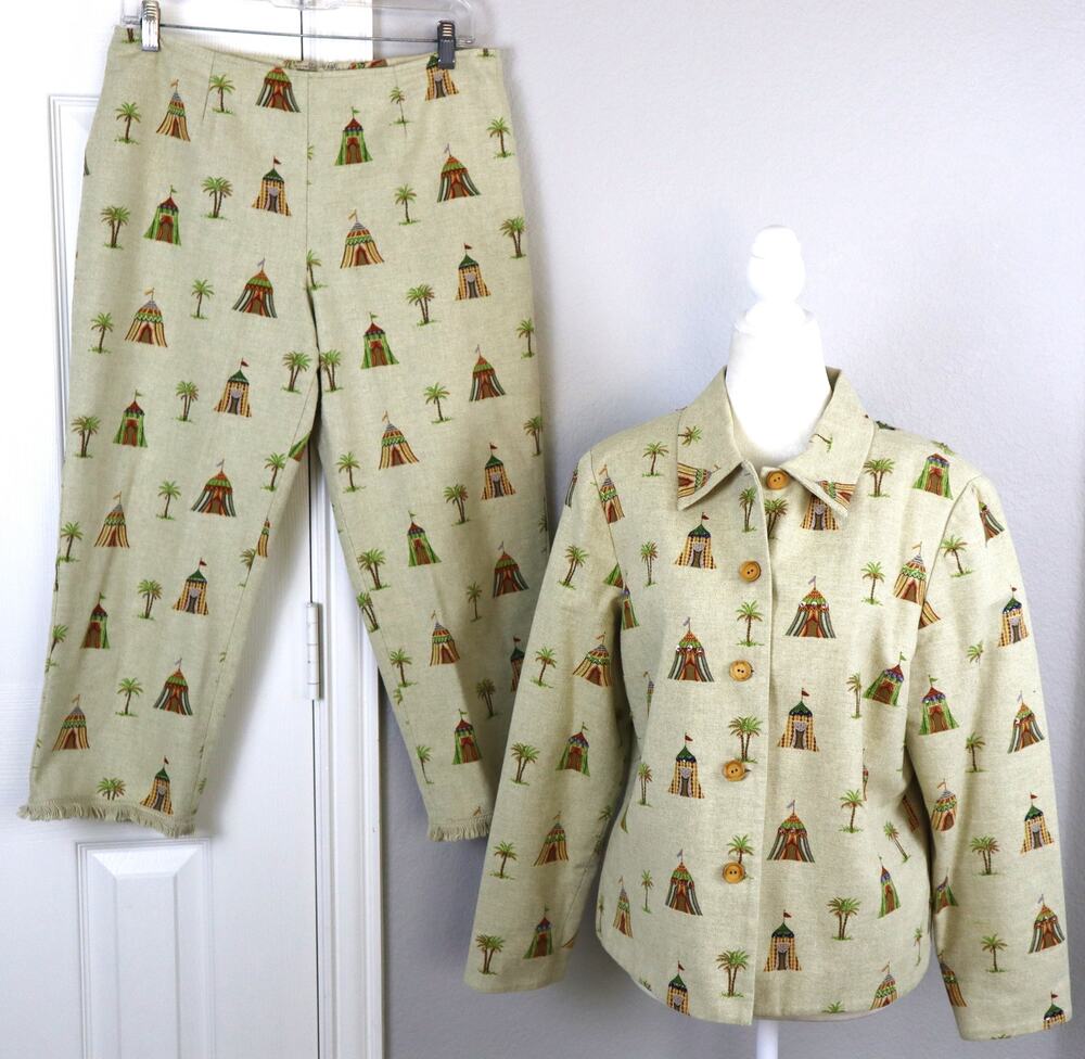 Vintage Y2K Cropped Pants Outfit 2 Piece Set Jacket Capri COTTON Circus 14P Palm